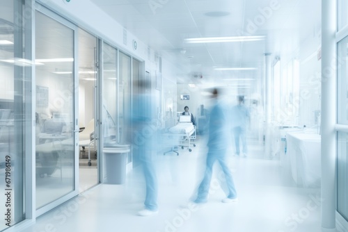 Abstract medical people in white blue hospital corridor and ward room background with motion blur person. photo