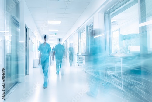 Abstract medical people in white blue hospital corridor and ward room background with motion blur person.