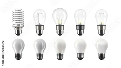 set of incandescent, halogen, compact fluorescent, LED light bul isolated on white background