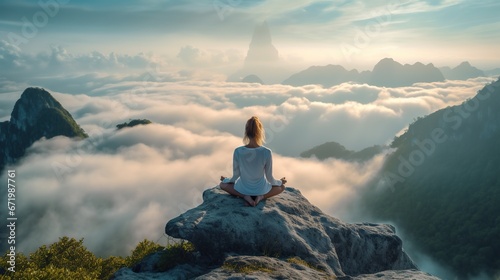 Woman meditating on the top of mountain