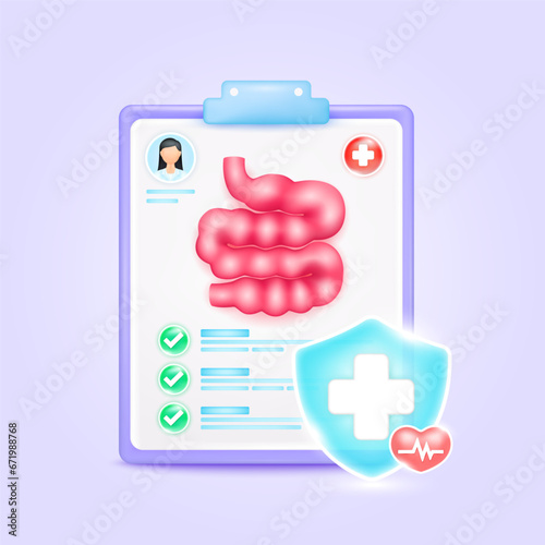Medical document form board. Small intestine check up list for health doctor. Symbol cross in shield, red heart pulse line with check mark green button. Health care concept. 3d icon cartoon vector.