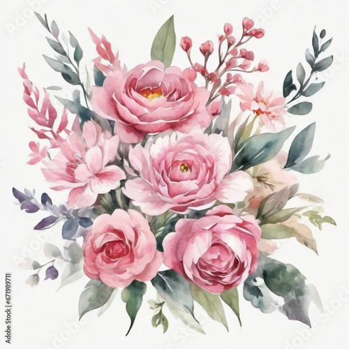 Pink flowers bouquet. Watercolor clipart. Ai generated illustration. 