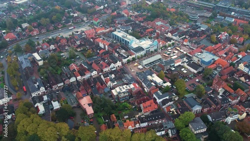 Aerial view of the old town of the city Aurich on a cloudy day in autumn in Germany. photo