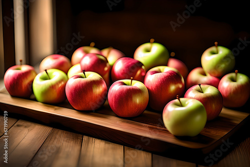 Fresh red apples on wooden background. AI generated content