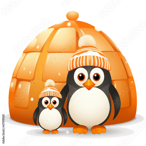 cute Penguin Sticker, Vector Graphic, Wintertime and Igloo, generated ai	