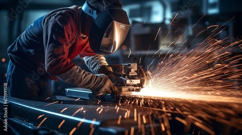 a welder in a factory, skillfully operating a welding machine. Sparks fly as the welder, clad in protective gear, works on a large piece of metal.close up
