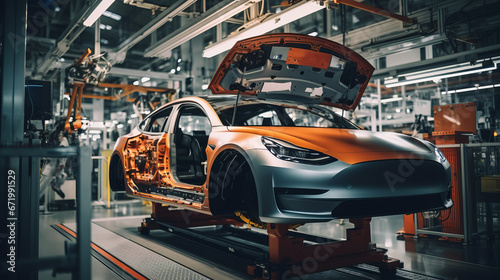 An assembly line focused on electric vehicle production, showcasing innovative technology.close up