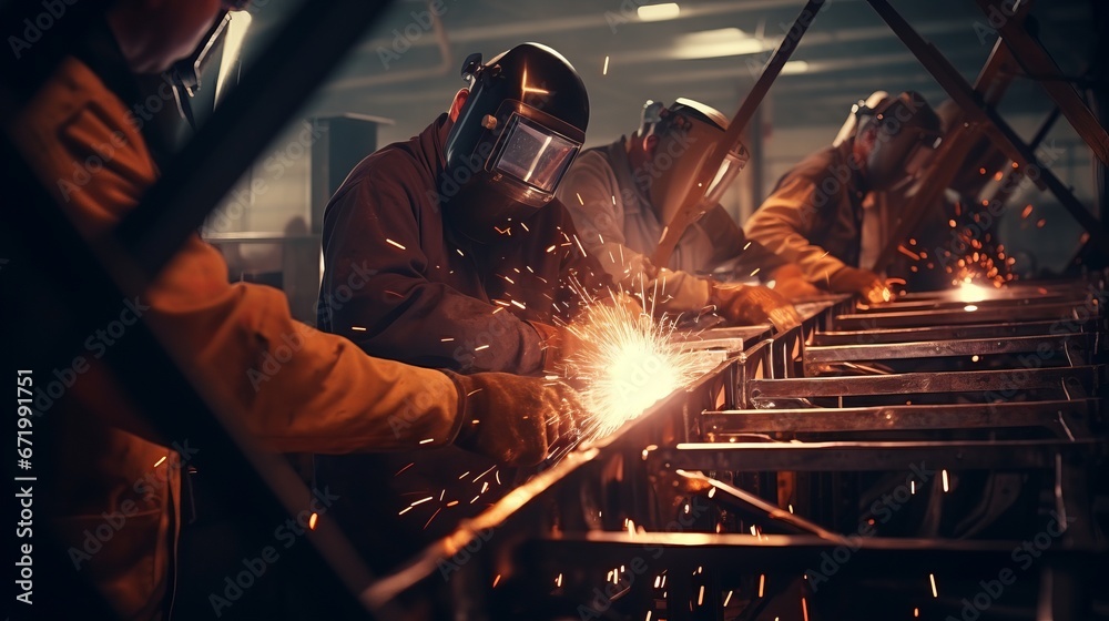 group of welders working on a metal structure in a factory, showcasing the process of teamwork and precision in industrial manufacturing.close up group of welders working on a metal structure in a factory, showcasing the process of teamwork and precision in industrial manufacturing.close up