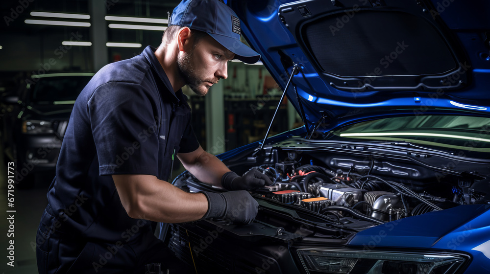 A technician performing a diagnostic check on a newly assembled vehicle.close up A technician performing a diagnostic check on a newly assembled vehicle.close up