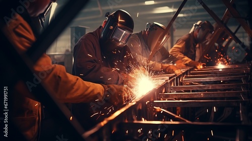 group of welders working on a metal structure in a factory, showcasing the process of teamwork and precision in industrial manufacturing.close up