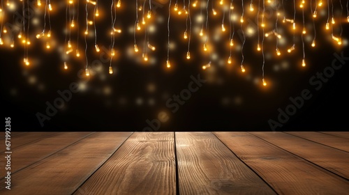 Balcony banner backdrop or dark brown wooden floors with flashing lights adorn the glitter.