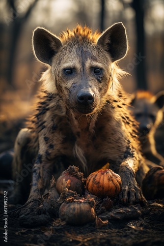 Group of hyenas scavenging a carcass in the wild, Generative AI