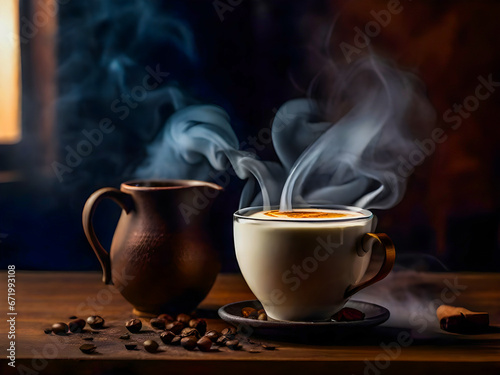 cup of coffee with smoke. Steaming the coffee on a table. food photography concept.