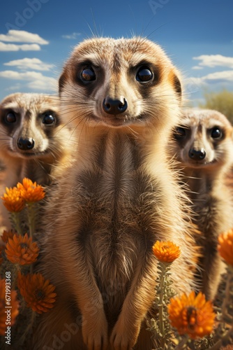 Group of meerkats standing guard in the arid landscape, Generative AI