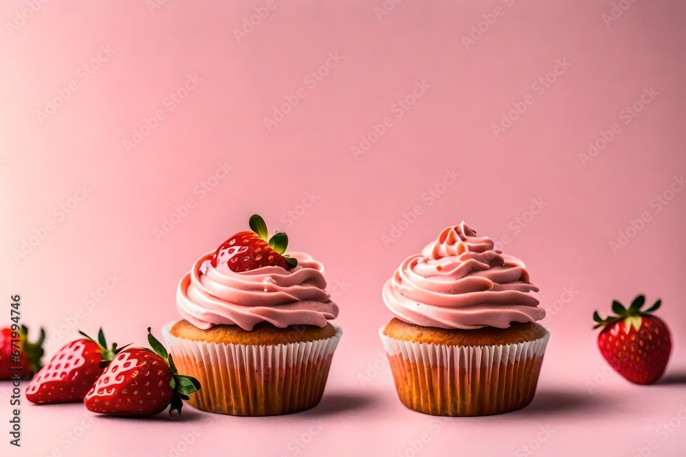 A strawberry cupcake with strawberry icing on a light pink background