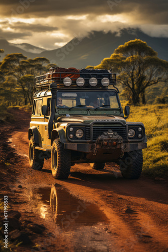 Safari vehicle driving through the wilderness, Generative AI © Shooting Star Std