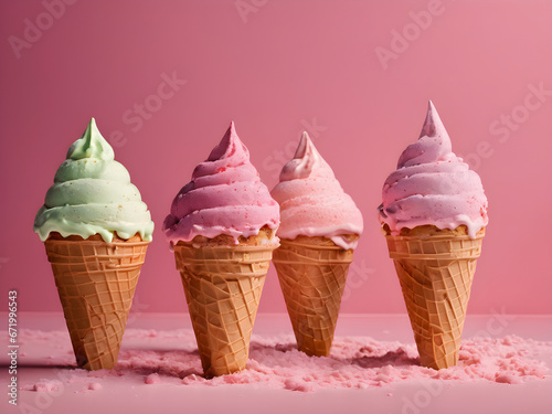 ice cream cone. Created with generative Ai technology. pink background. strawberry. 