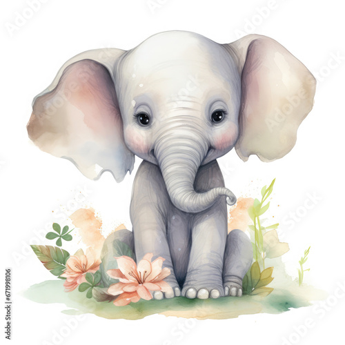 African Elephant baby animals with flower Illustration, Generative Ai © Creative Artist