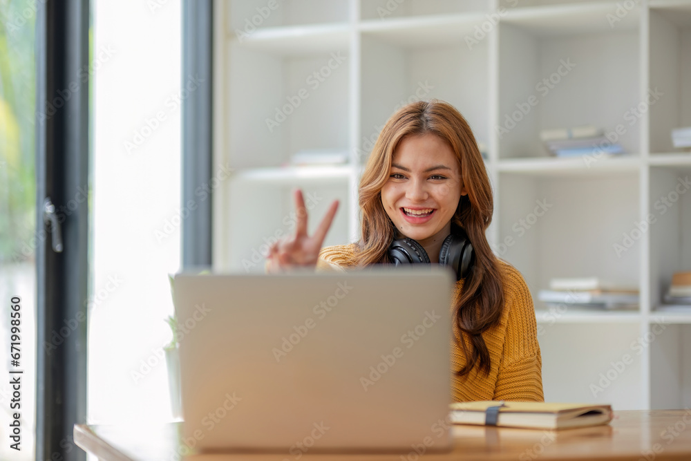 Asian girl student online learning class study online video call zoom teacher, Happy asian girl learn english language online with computer laptop. Asian girl student online learning class study online video call zoom teacher, Happy asian girl learn english language online with computer laptop.