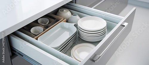 A kitchen utensil drawer in a contemporary style with a sleek white exterior situated in a separate space is displayed against a plain white backdrop
