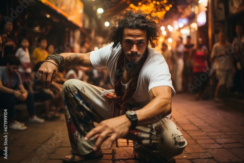 Capoeira street performance in a Brazilian market, Generative AI
