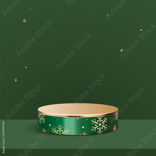 Abstract mock up scene. snowflakes seamless pattern green and gold metal  podium for show cosmetic product display. stage pedestal or platform. winter green Christmas white background with. 3D vector