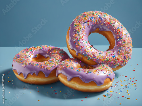 three donuts on a blue background, AI Generative. Photo illustration of sweet dessert donuts