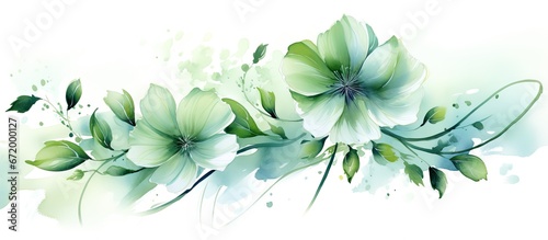 A floral illustration that depicts green watercolor flowers can be seen standing out on a white background © AkuAku