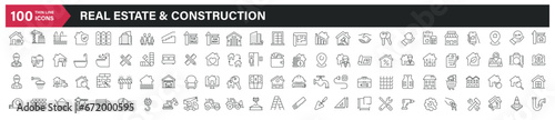 Real estate and construction minimal thin line icons. Related building, construction, house, apartement, sale, rent, mortagage. Editable stroke. Vector illustration.
