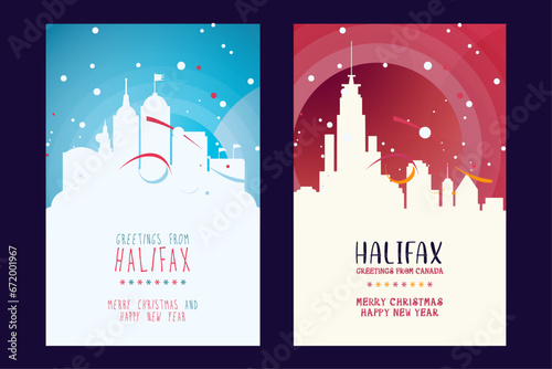 Halifax city poster with Christmas skyline, cityscape, landmarks. Winter Canada Nova Scotia holiday, New Year vertical vector layout for brochure, website, flyer, leaflet, card photo