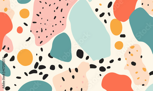 Abstract doodle design terrazo pattern with pastel background in the style of a 1970's handdrawn illustration