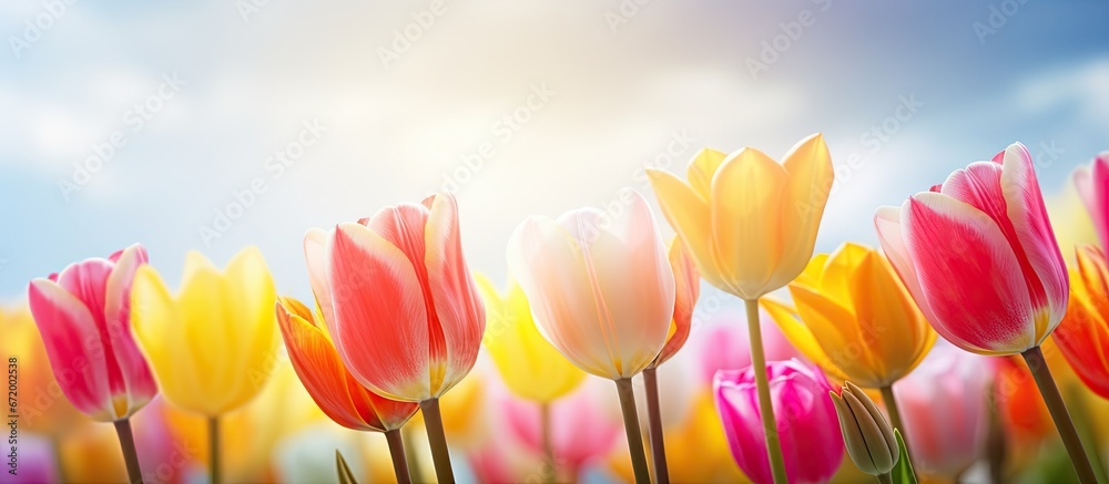 A tulip flower in a field catches the eye with its vibrant colors while the blurred background of nature adds to its artistic allure A tulip flower in a field catches the eye with its vibrant colors while the blurred background of nature adds to its artistic allure