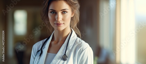 A doctor who is a woman standing at a hospital with a stethoscope photo