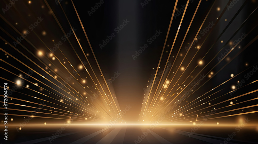 Luxury background with golden line decoration and light rays effects element with bokeh. Award ceremony design concept. - obrazy, fototapety, plakaty 