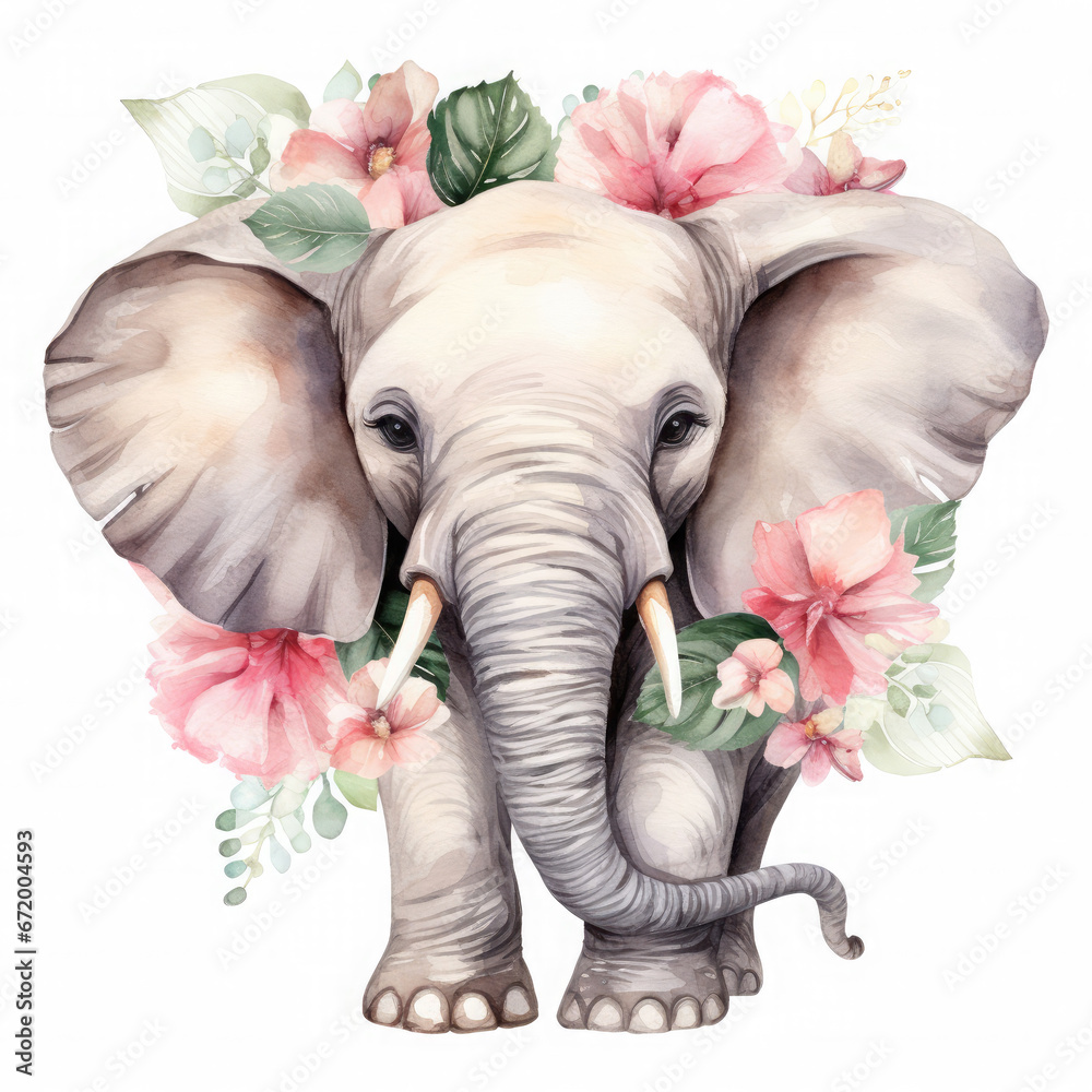 African Elephant baby animals with flower Illustration, Generative Ai