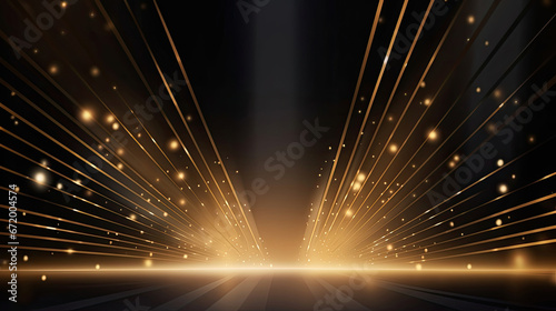 Luxury background with golden line decoration and light rays effects element with bokeh. Award ceremony design concept. photo
