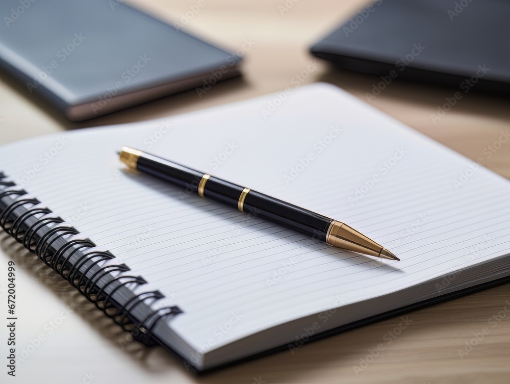 Notepad and pen on wooden desk AI Notepad and pen on wooden desk AI