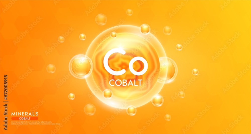 Cobalt minerals inside orange bubble floating in the air. Vitamins complex essential supplement to the health care. For food  nutrition and medicine. Science medical concept. Banner 3D vector.