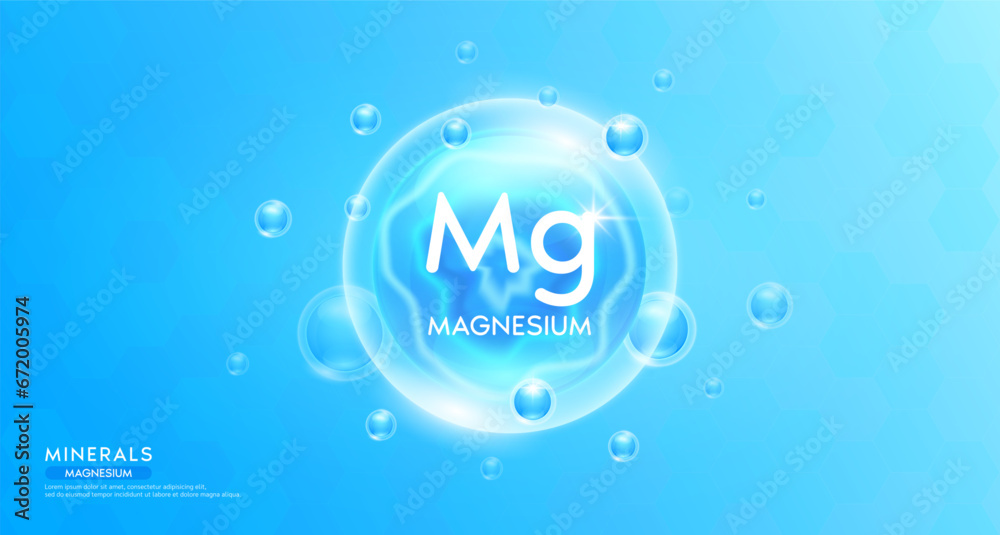 Magnesium minerals inside blue bubble floating in the air. Vitamins complex essential supplement to the health care. For food  nutrition and medicine. Science medical concept. Banner 3D vector. - obrazy, fototapety, plakaty 