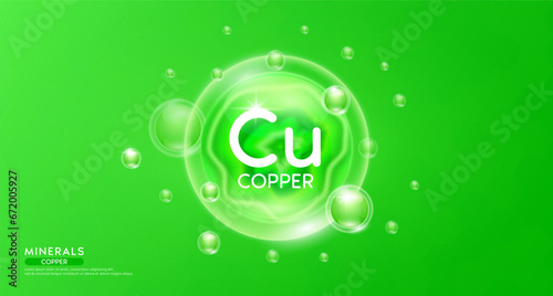 Copper minerals inside green bubble floating in the air. Vitamins complex essential supplement to the health care. For food nutrition and medicine. Science medical concept. Banner 3D vector.