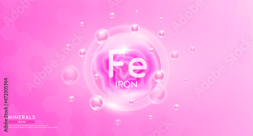 Iron minerals inside pink bubble floating in the air. Vitamins complex essential supplement to the health care. For food  nutrition and medicine. Science medical concept. Banner 3D vector.