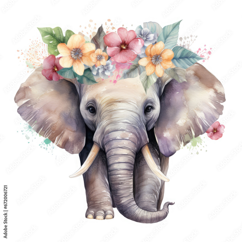 African Elephant baby animals with flower Illustration, Generative Ai