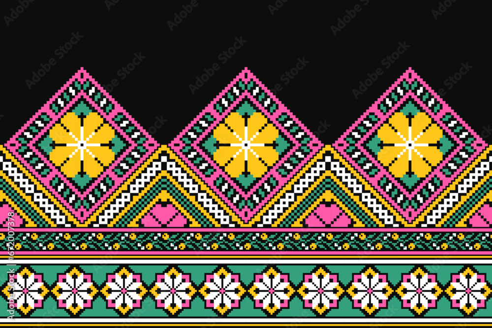 flower embroidery on black background. ikat and cross stitch geometric seamless pattern ethnic oriental traditional. Aztec style illustration design for carpet, wallpaper, clothing, wrapping, batik.