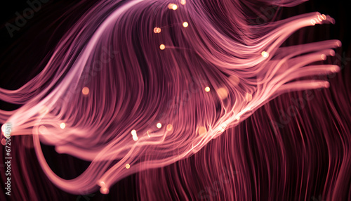 Abstract flowing fluid light particles orange and purple color on black background in concept technology, science, space, universe. © Stima