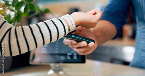 Smart watch, machine or hands of customer in cafe with cashier for shopping, sale or checkout. Coffee shop, bills or closeup of person paying for service or payment technology in restaurant or diner