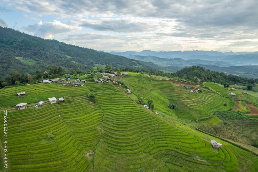 Aerial view of terrace rice field at Ban Pa Bong Piang, Chiang Mai, Thailand