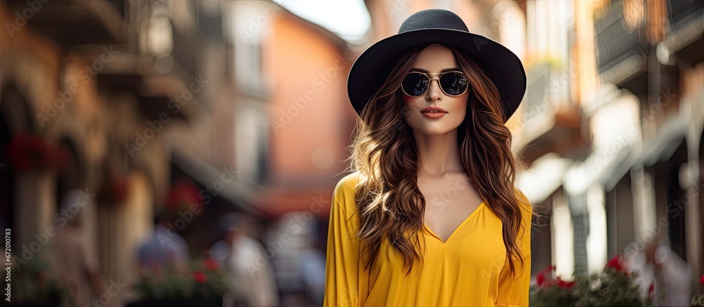 A stunning woman wearing sunglasses a yellow shirt and a black sunhat gracefully poses in a charming European old town A stunning woman wearing sunglasses a yellow shirt and a black sunhat gracefully poses in a charming European old town