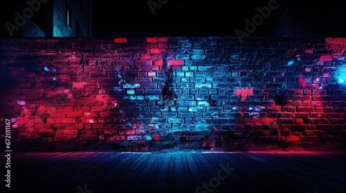 stage spotlight  wall texture illuminated by the mesmerizing glow of red and blue neon lights  urban