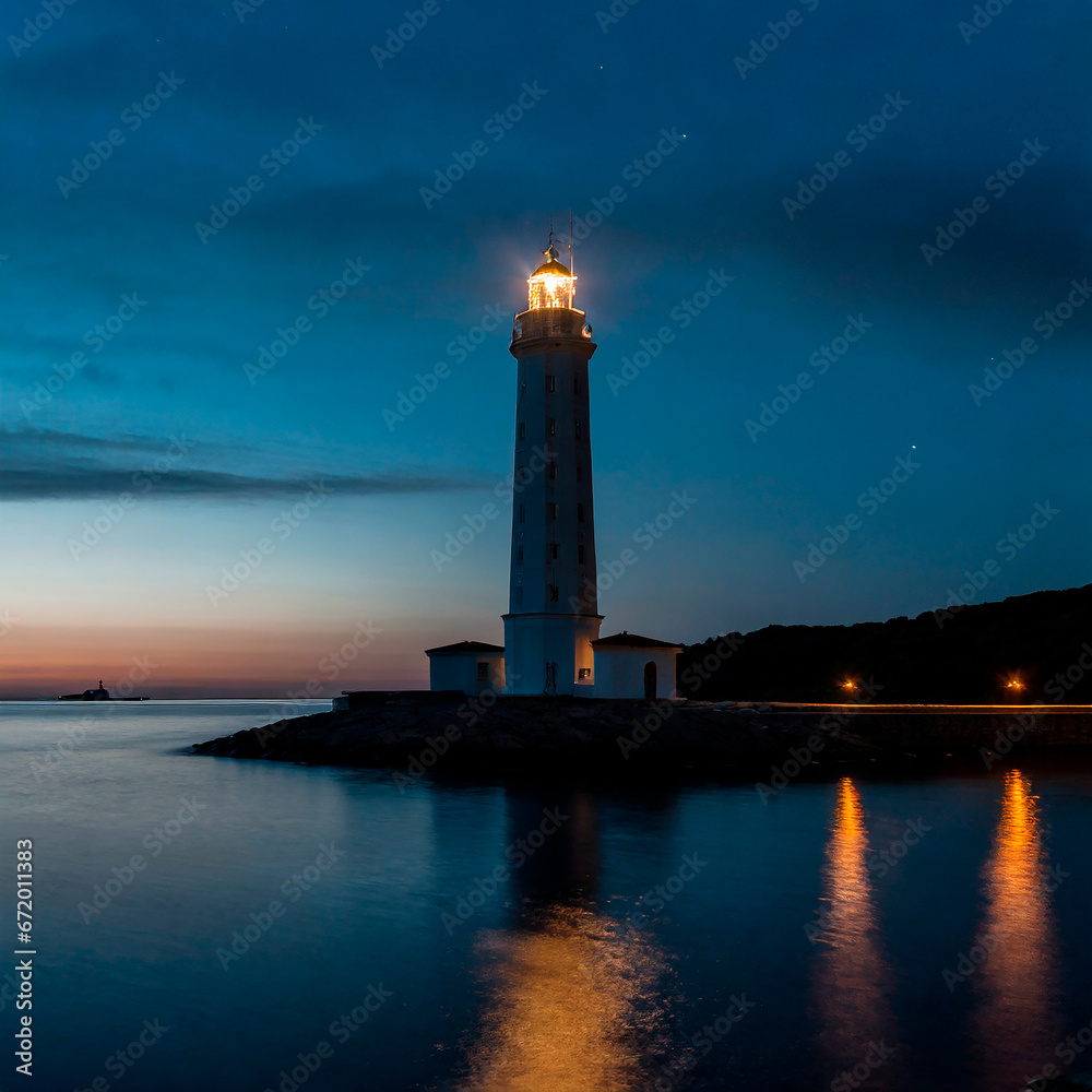 Faro iluminando a un tranquilo mar justo antes del amanecer