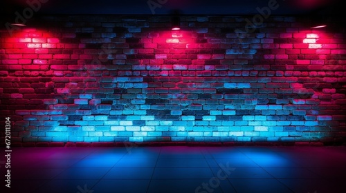 background with glowing lights  brick wall texture illuminated by the mesmerizing glow of red and blue neon light